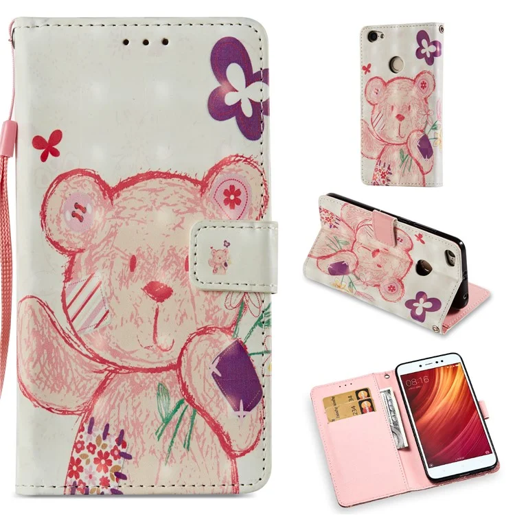 Pattern Printing Leather Wallet Stand Shell for Xiaomi Redmi Y1 (India)/Redmi Note 5A Prime - Pink Bear