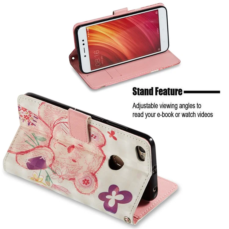 Pattern Printing Leather Wallet Stand Shell for Xiaomi Redmi Y1 (India)/Redmi Note 5A Prime - Pink Bear
