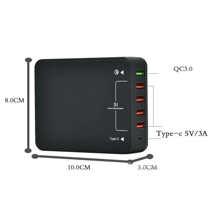 Quick Charge 3.0 Desktop Charger 6-Port Intelligent USB Wall Charger with Type C Port - EU Plug