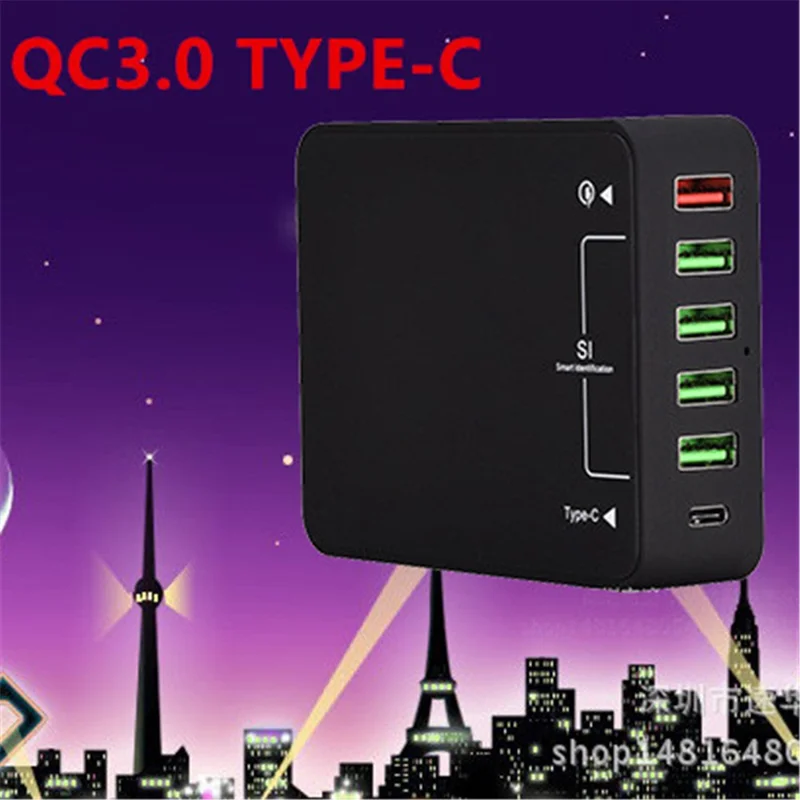 USB Wall Charger 60W with Smart Identification Quick Charge 3.0 & USB C & 4 USB Ports - UK Plug