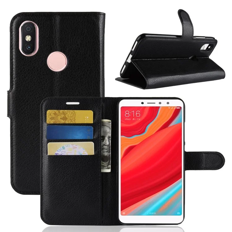 Litchi Skin Wallet Leather Stand Case for Xiaomi Redmi S2 / Y2 - Black