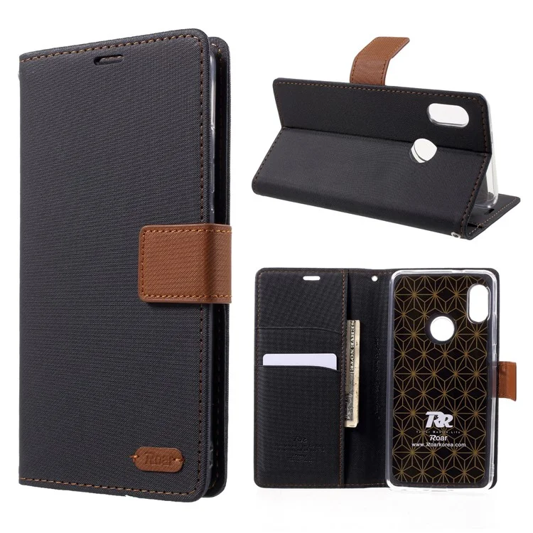 ROAR KOREA Twill Leather Wallet Stand Case for Xiaomi Redmi Note 5 (12MP Rear Camera) / Redmi 5 Plus (China) - Black