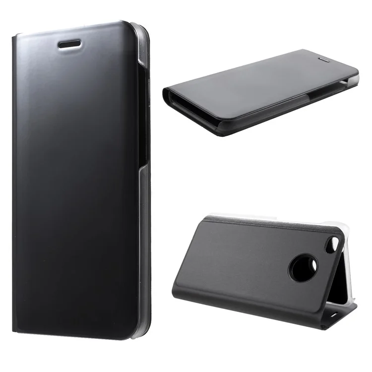 Electroplating Mirror Surface View Window Leather Stand Cover for Xiaomi Redmi 4X - Black