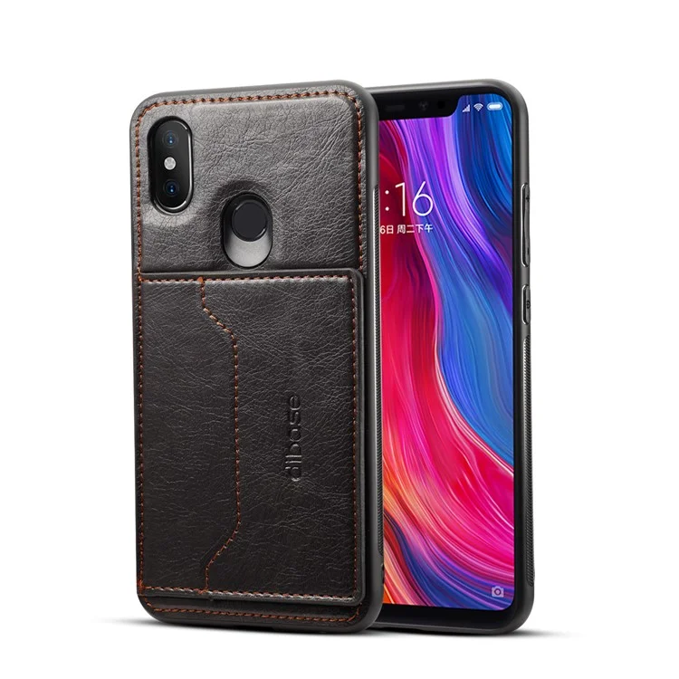 DIBASE Crazy Horse Texture PU Leather Coated TPU + PC Card Slot Phone Case with Kickstand for Xiaomi Mi 8 (6.21-inch) - Black