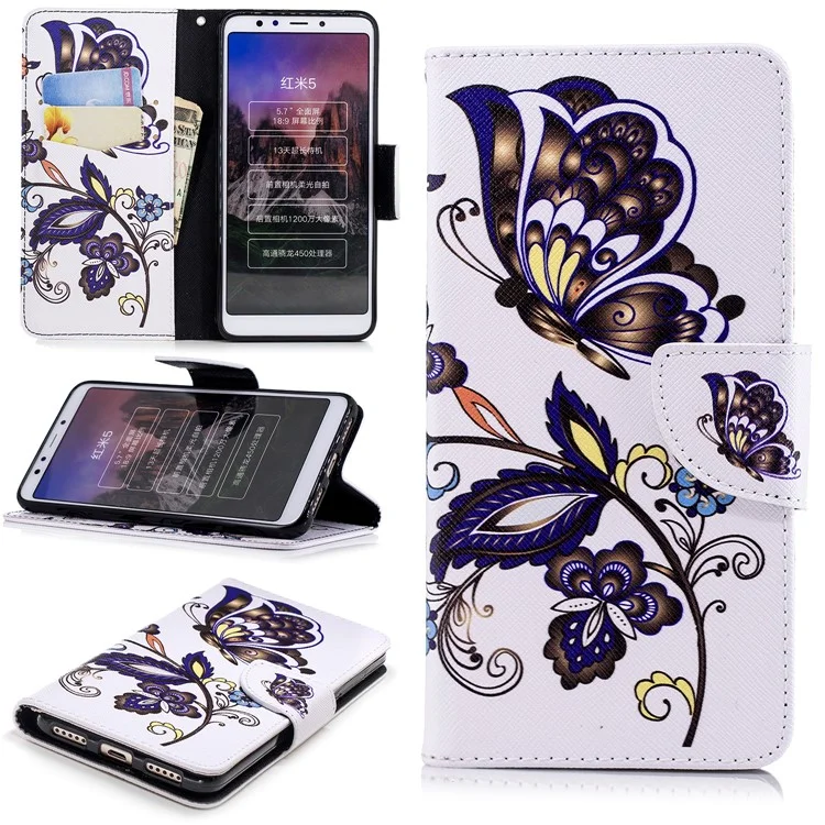 Pattern Printing Wallet Stand Leather Flip Case for Xiaomi Redmi 5 - Butterfly and Flower