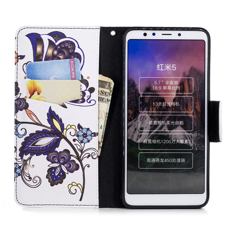 Pattern Printing Wallet Stand Leather Flip Case for Xiaomi Redmi 5 - Butterfly and Flower