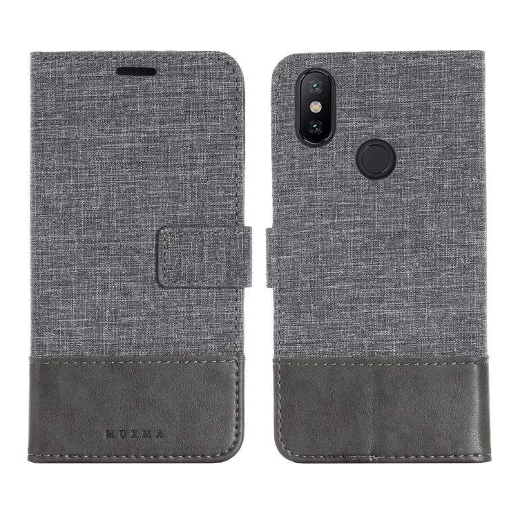 MUXMA PU Leather Canvas Splicing Wallet Flip Casing for Xiaomi Mi A2 / Mi 6X - Grey