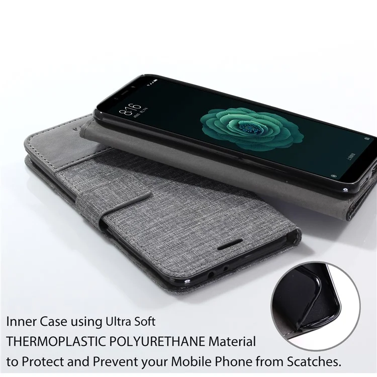 MUXMA PU Leather Canvas Splicing Wallet Flip Casing for Xiaomi Mi A2 / Mi 6X - Grey