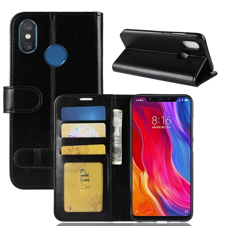 For Xiaomi Mi 8 (6.21-inch) Crazy Horse Stand Wallet Leather Case - Black