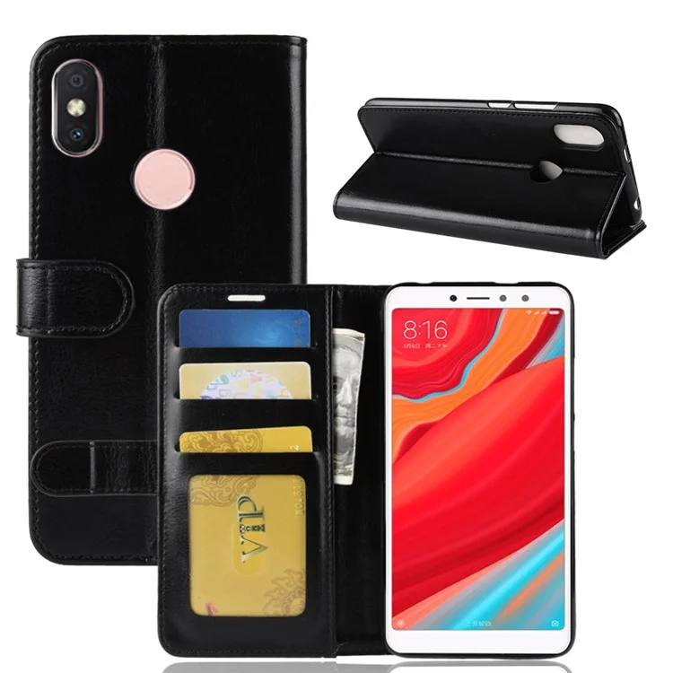 Crazy Horse Wallet Leather Stand Case for Xiaomi Redmi S2 / Y2 - Black