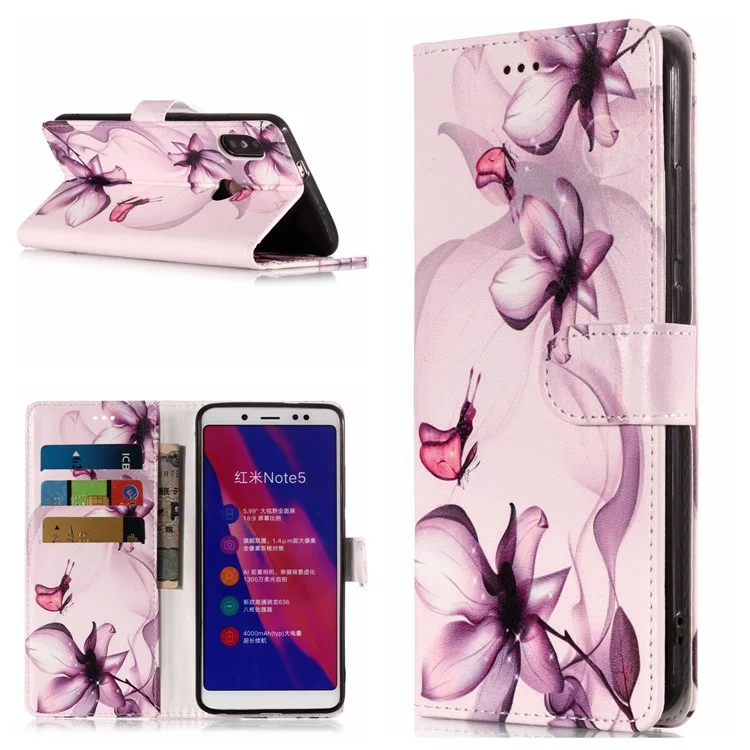 Patterned Leather Wallet Stand Phone Case for Xiaomi Redmi Note 5 Pro (Dual Camera) / Redmi Note 5 (China) - Purple Flower