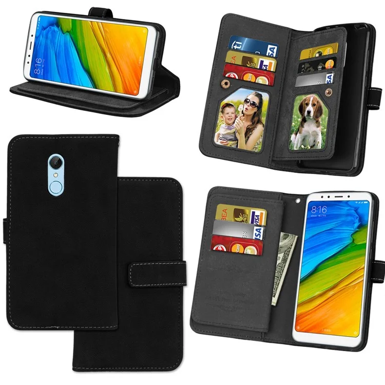 Matte Surface 9 Card Slots Leather Wallet Case for Xiaomi Redmi 5 - Black