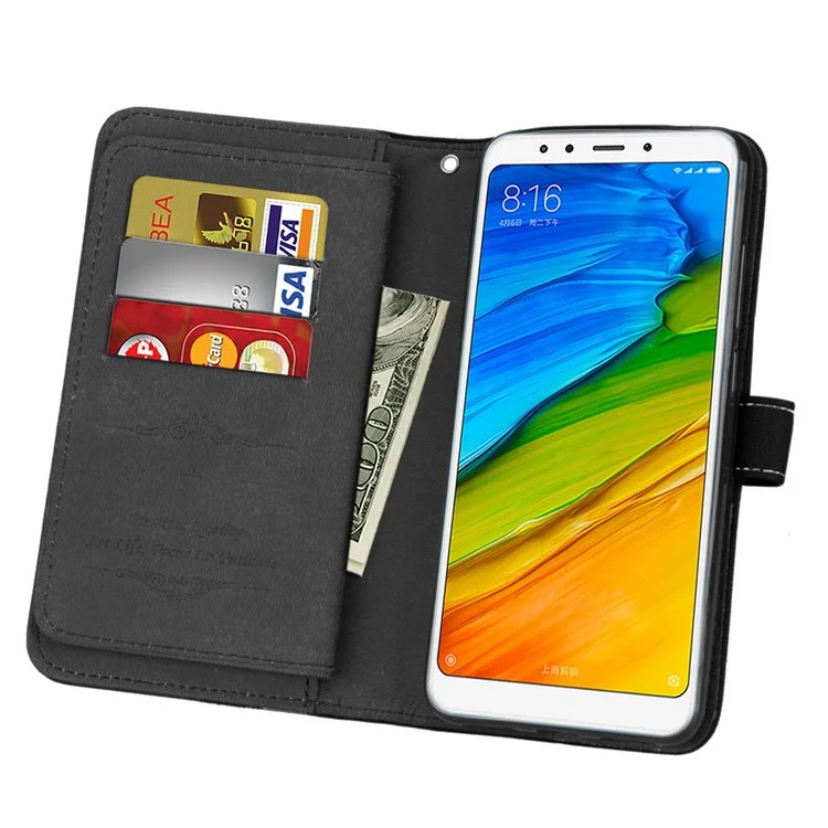 Matte Surface 9 Card Slots Leather Wallet Case for Xiaomi Redmi 5 - Black