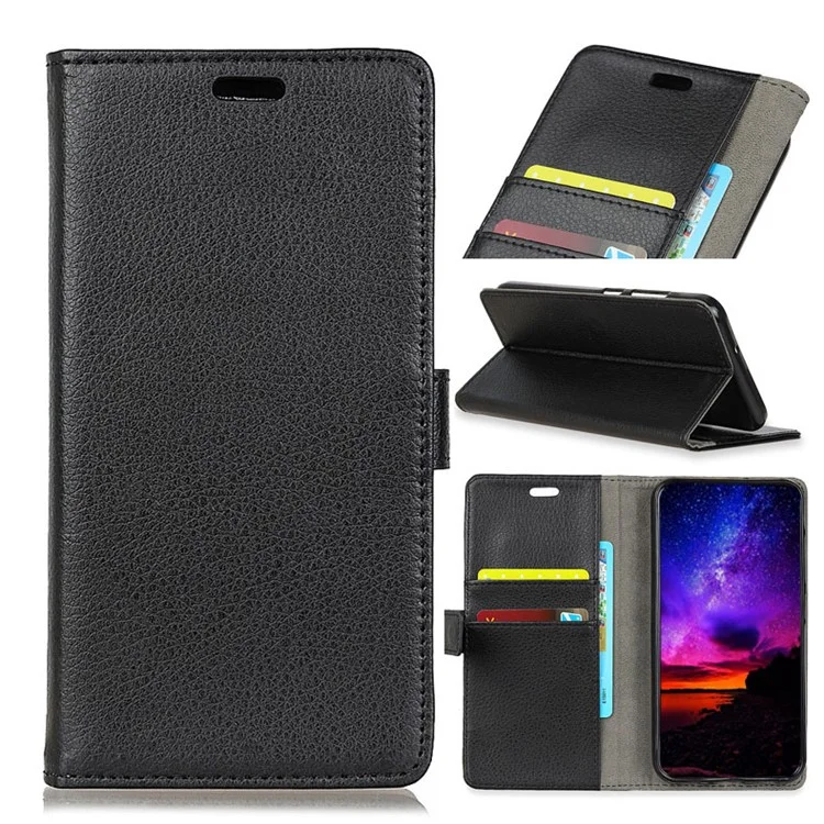 Litchi Skin Wallet Stand Leather Protection Phone Case for Xiaomi Redmi 6 (Dual Camera: 12MP+5MP) - Black