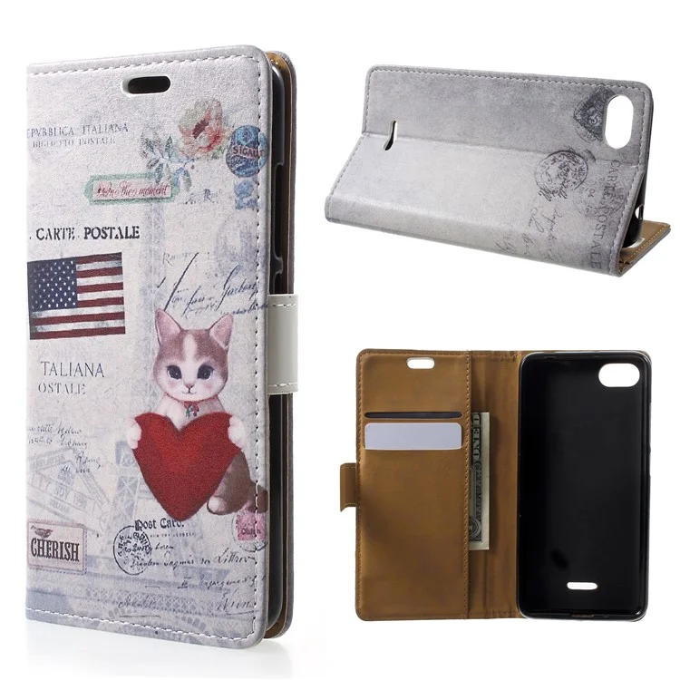 Pattern Printing Leather Wallet Stand Case for Xiaomi Redmi 6A - US Flag and Cat Holding Heart