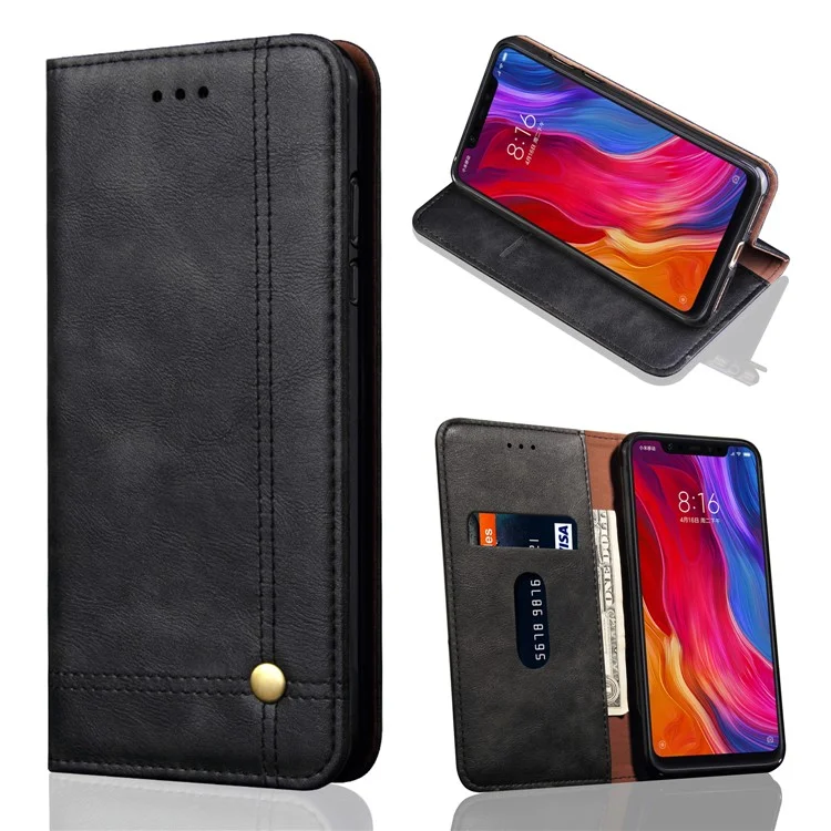 Auto-absorbed Crazy Horse Retro Leather Wallet Stand Case for Xiaomi Mi 8 SE (5.88-inch) - Black