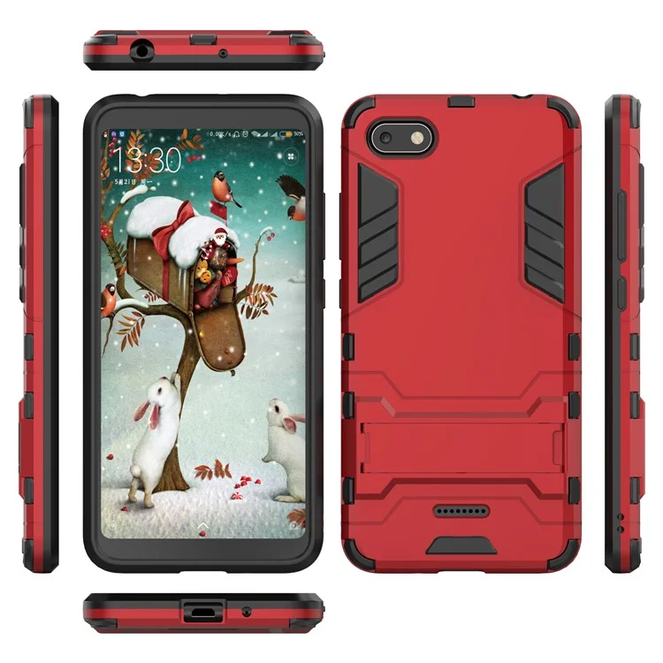 Shockproof PC + TPU Hybrid Kickstand Cover for Xiaomi Redmi 6A (Single 12MP Rear Camera) - Red