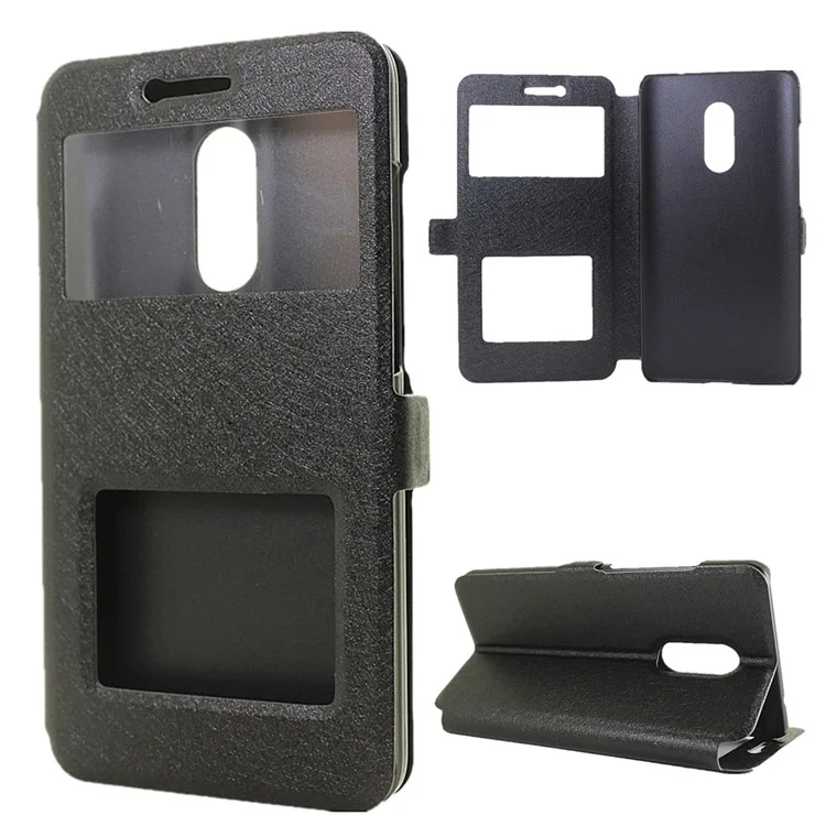 Dual View Windows Silk Texture Leather Stand Case for Xiaomi Redmi Note 4 - Black
