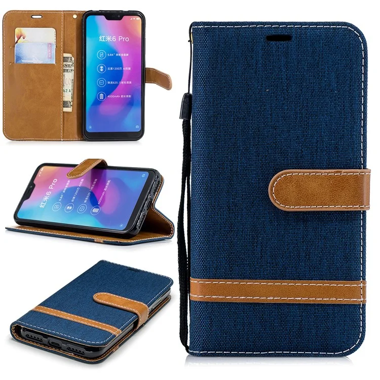 Portafoglio in Pelle di Jeans a Colori Assortiti Per Xiaomi Mi A2 Lite / Redmi 6 Pro - Blu Scuro