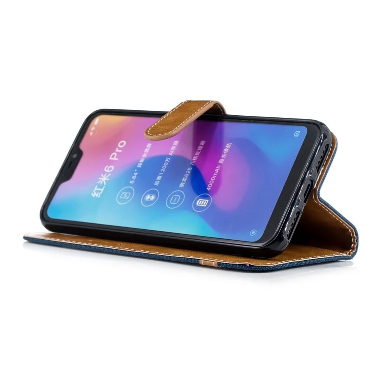 Portafoglio in Pelle di Jeans a Colori Assortiti Per Xiaomi Mi A2 Lite / Redmi 6 Pro - Blu Scuro