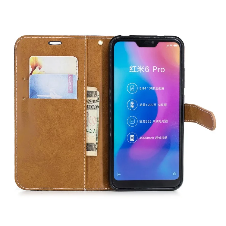 Portafoglio in Pelle di Jeans a Colori Assortiti Per Xiaomi Mi A2 Lite / Redmi 6 Pro - Blu Scuro