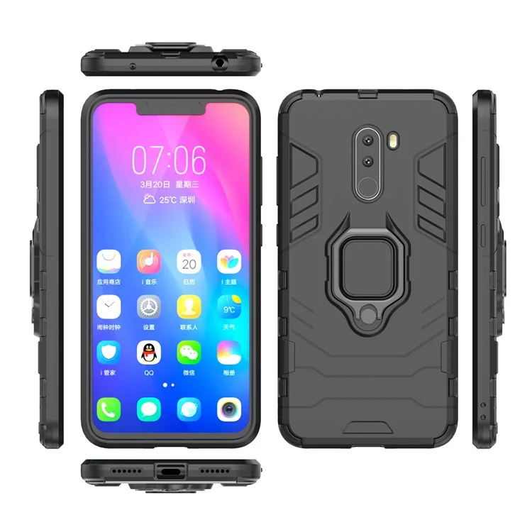 Anel de Dedo Kickstand PC + TPU Combo Celular Casing Casing Para Xiaomi Pocophone F1 / Poco F1 (índia) - Preto