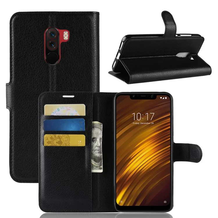 Para Xiaomi Pocophone F1 / Case Poco F1 (India) Litchi Grain Leather (soporte y Billetera) - Negro