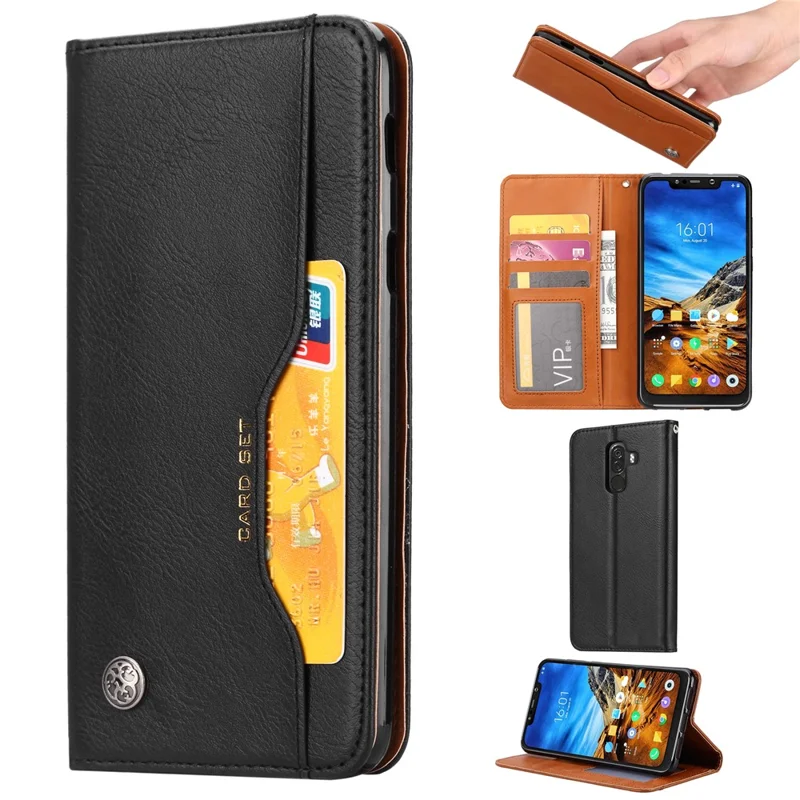 Auto-absorbierte Leder-Stand-Brieftasche Telefon Fall Für Xiaomi Pocophon F1 / Poco F1 (Indien) - Schwarz