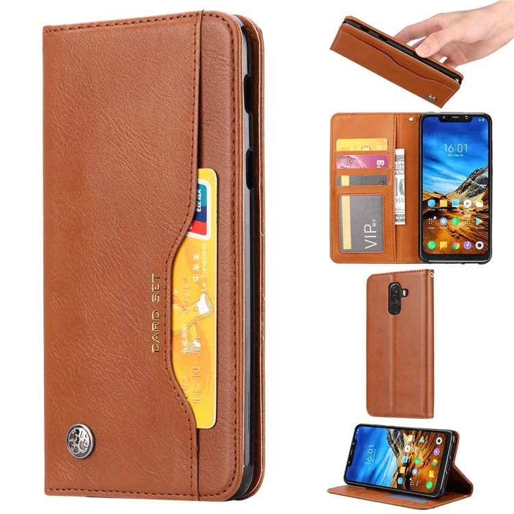 Auto-absorbed Leather Wallet Stand Mobile Phone Protective Cover for Xiaomi Pocophone F1 / Poco F1 (India) - Brown