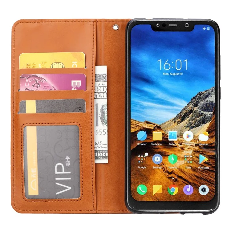 Automatisch Absorbiertes Leder-brieftaschen-mobiltelefon-schutzabdeckung Für Xiaomi Pocophone F1 / Poco F1 (indien) - Braun