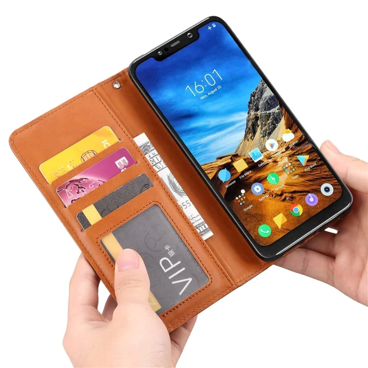 Automatisch Absorbiertes Leder-brieftaschen-mobiltelefon-schutzabdeckung Für Xiaomi Pocophone F1 / Poco F1 (indien) - Braun