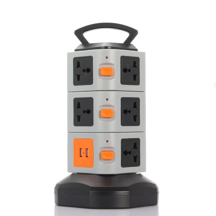 3 Layers 11 Outlets 2 USB Outputs Home / Office Vertical Power Socket with 2M Cable - Multi-color / US Plug
