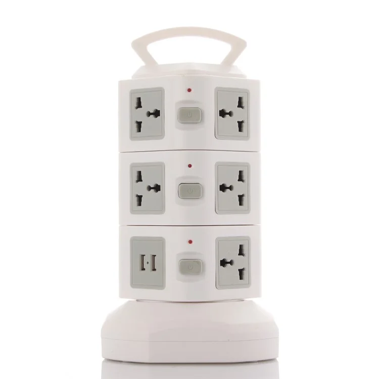 Home / Office 3 Layers 11 Outlets Vertical Power Socket with 2 USB Outputs 2M Cable - White / EU Plug