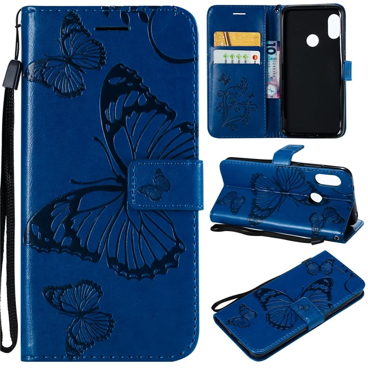 For Xiaomi Mi A2 Lite / Redmi 6 Pro Wallet Case Floral Butterfly Imprinted Leather Phone Cover Stand - Blue