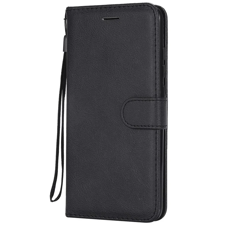 For Xiaomi Redmi Note 6 Pro Case Solid Color Leather Mobile Cover Wallet Stand with Strap - Black