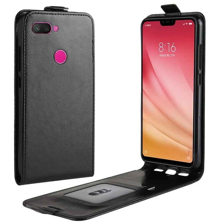 Crazy Horse Custodia Verticale in Pelle per Porta Carte di Credito per Xiaomi Mi 8 Lite / Mi 8 Youth (Mi 8X) - Nero
