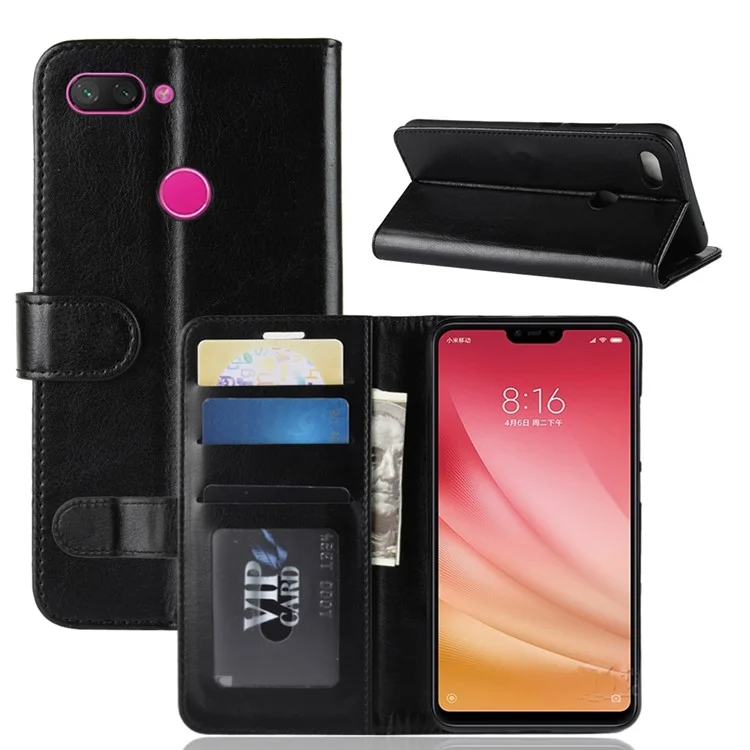 Crazy Horse Wallet Stand Leather Cellphone Case for Xiaomi Mi 8 Lite/Mi 8 Youth (Mi 8X) - Black