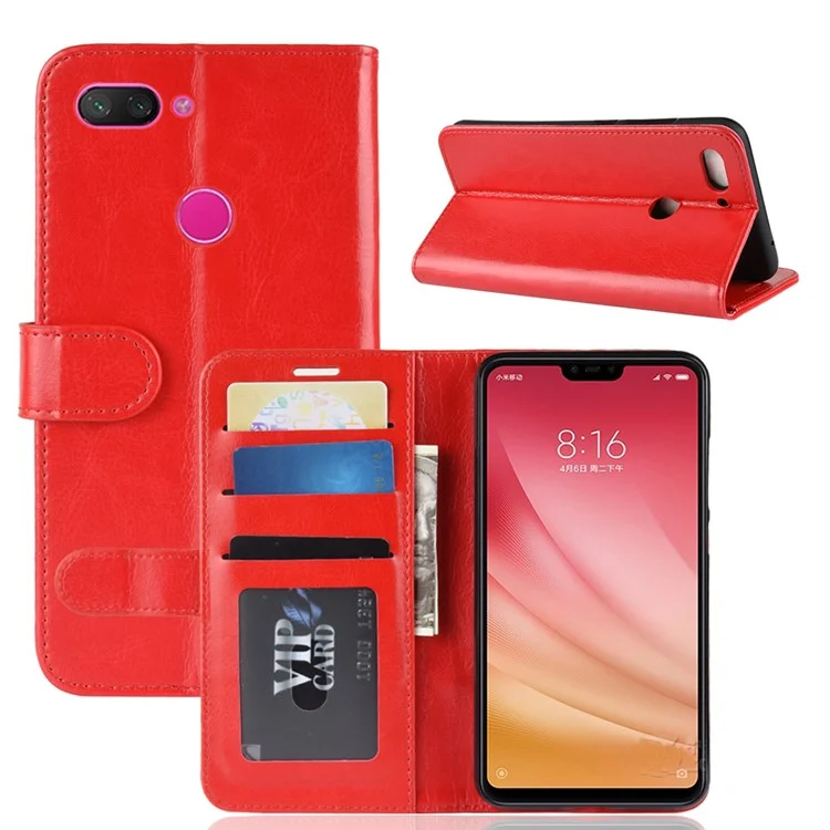 Crazy Horse Wallet Stand Cover Case de Cuero Para Xiaomi Mi 8 Lite/mi 8 Youth (mi 8X) - Rojo