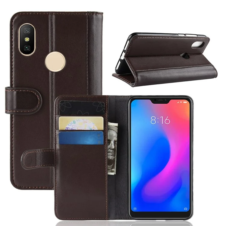 For Xiaomi Mi A2 Lite / Redmi 6 Pro Phone Cases Genuine Split Leather Wallet Mobile Cover Stand - Brown