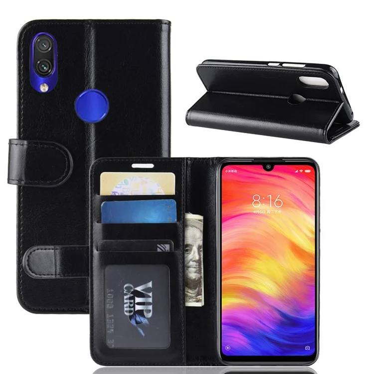 Crazy Horse pu Leather Stand Stand Flip Case Para Xiaomi Redmi Note 7s /nota 7 / Nota 7 Pro (índia) - Preto