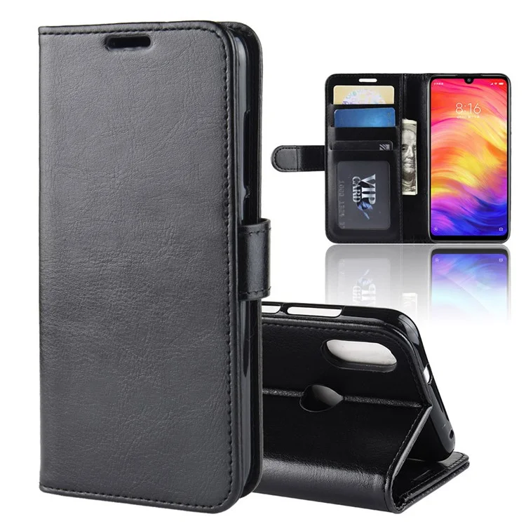 Crazy Horse PU Leather Stand Wallet Flip Case for Xiaomi Redmi Note 7S /Note 7 / Note 7 Pro (India) - Black