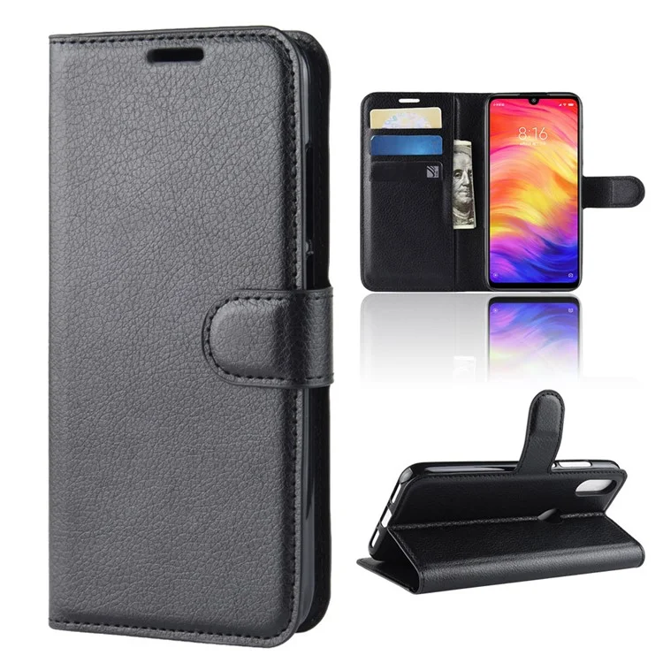 Litchi Texture Wallet Stand Ceather Case Для Xiaomi Redmi Note 7s /Note 7 / Примечание 7 Pro (индия) - Черный