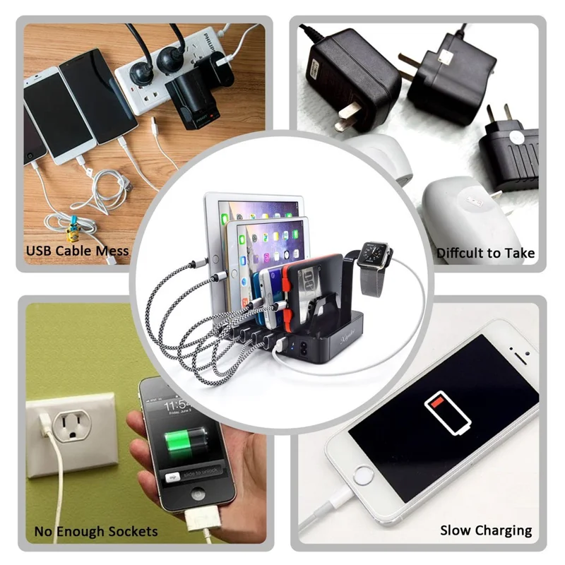 ZUOJIAMAN 50W 6-Port USB Charging Station with Fast Charging for Phone Tablet - Black / US Plug