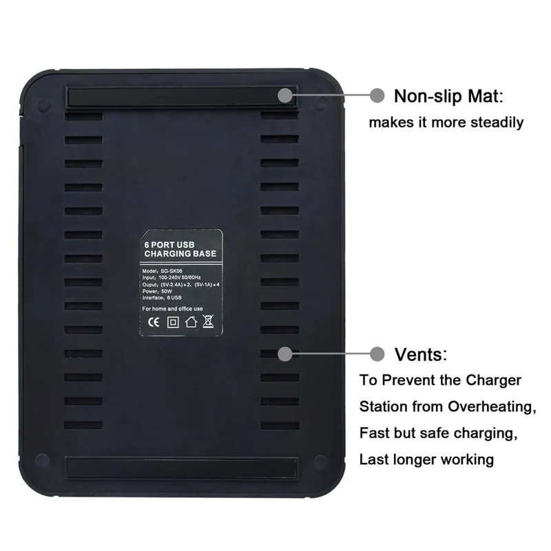 ZUOJIAMAN 50W 6-Port USB Charging Station with Fast Charging for Phone Tablet - Black / US Plug