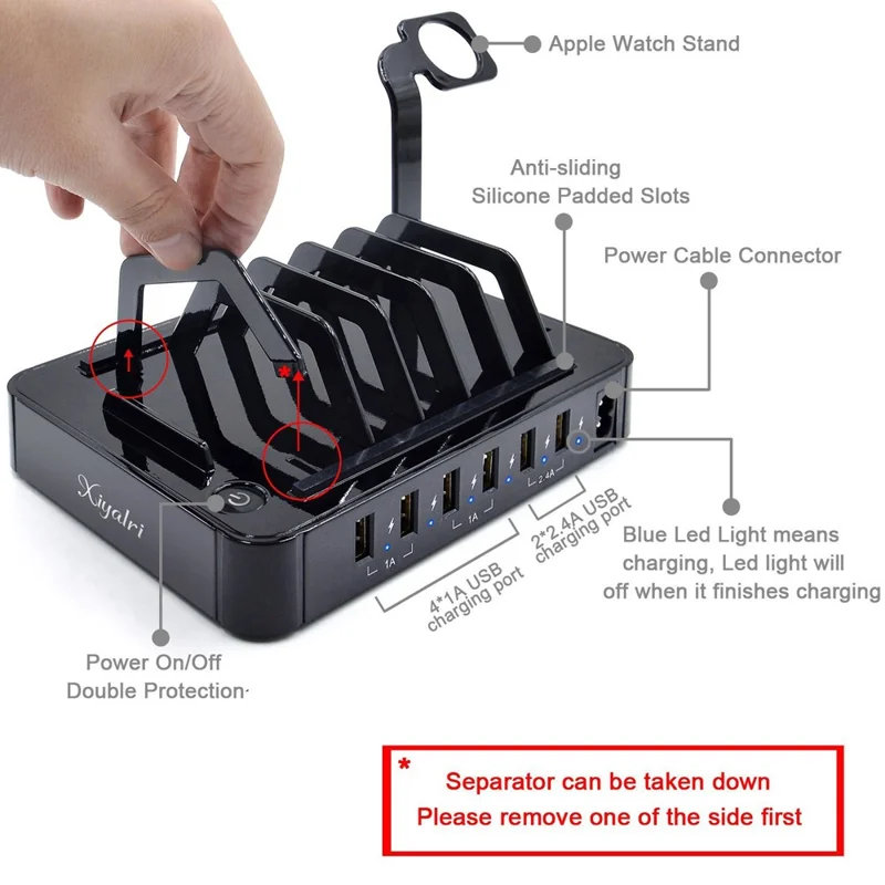 ZUOJIAMAN 50W 6-Port USB Charging Station with Fast Charging for Phone Tablet - Black / US Plug