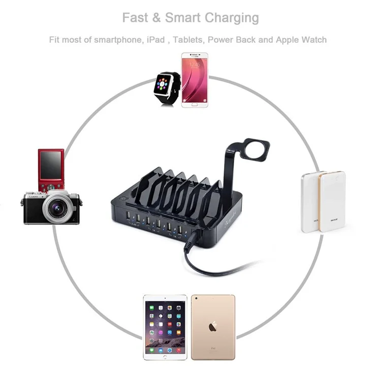 ZUOJIAMAN 50W 6-Port USB Charging Station with Fast Charging for Phone Tablet - Black / US Plug