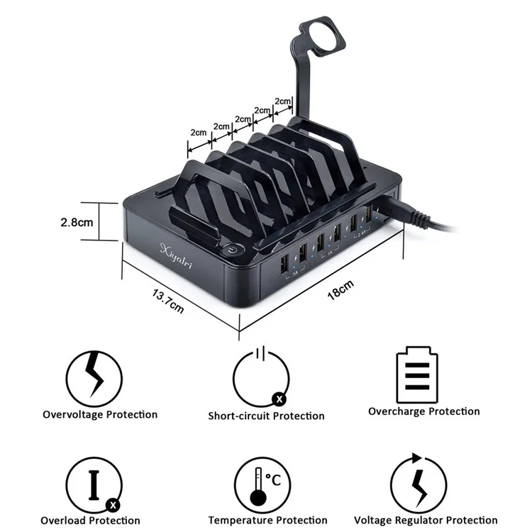 ZUOJIAMAN 50W 6-Port USB Charging Station with Fast Charging for Phone Tablet - Black / US Plug