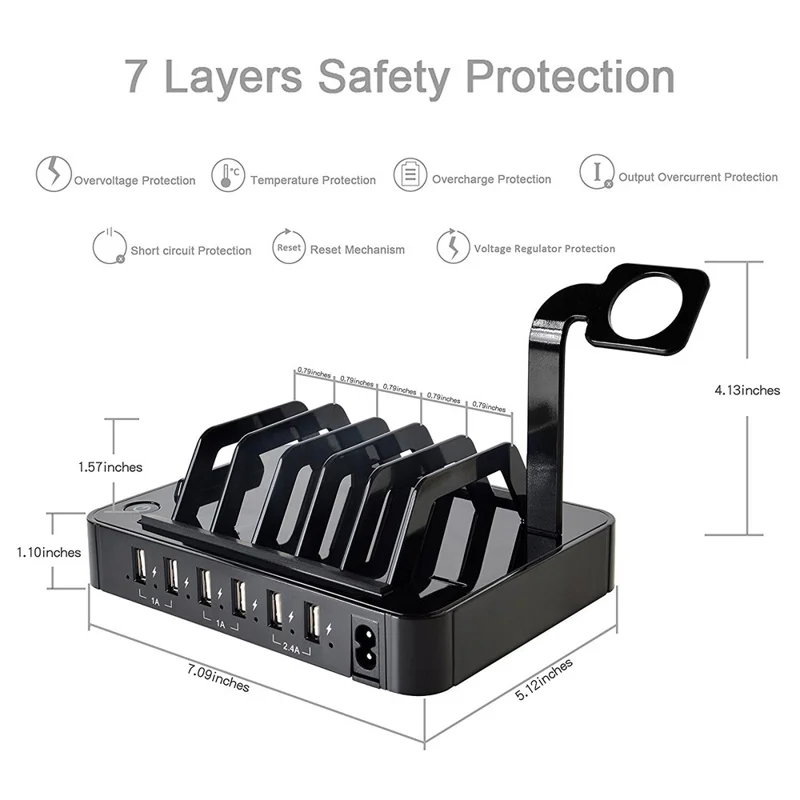 ZUOJIAMAN 50W 6-Port USB Charging Station with Fast Charging for Phone Tablet - Black / US Plug