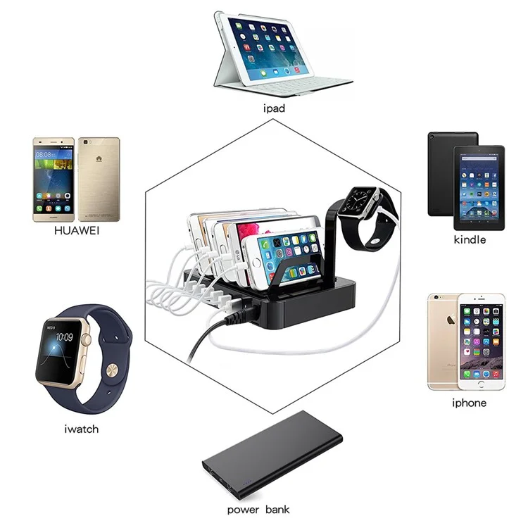 ZUOJIAMAN 50W 6-Port USB Charging Station with Fast Charging for Phone Tablet - Black / US Plug