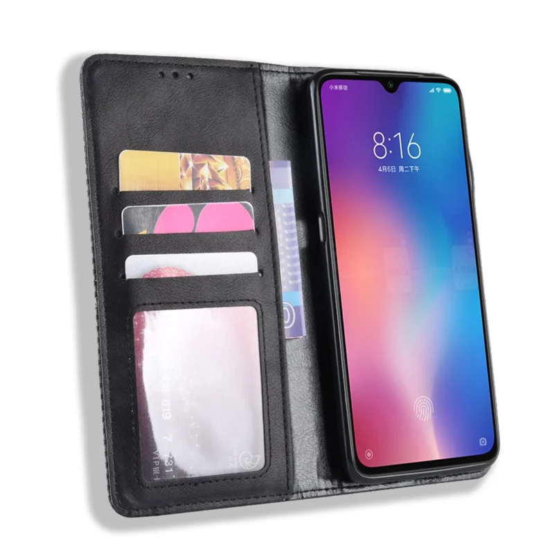 Vintage hoes van PU-leer met portemonnee voor Xiaomi Mi 9 - Zwart